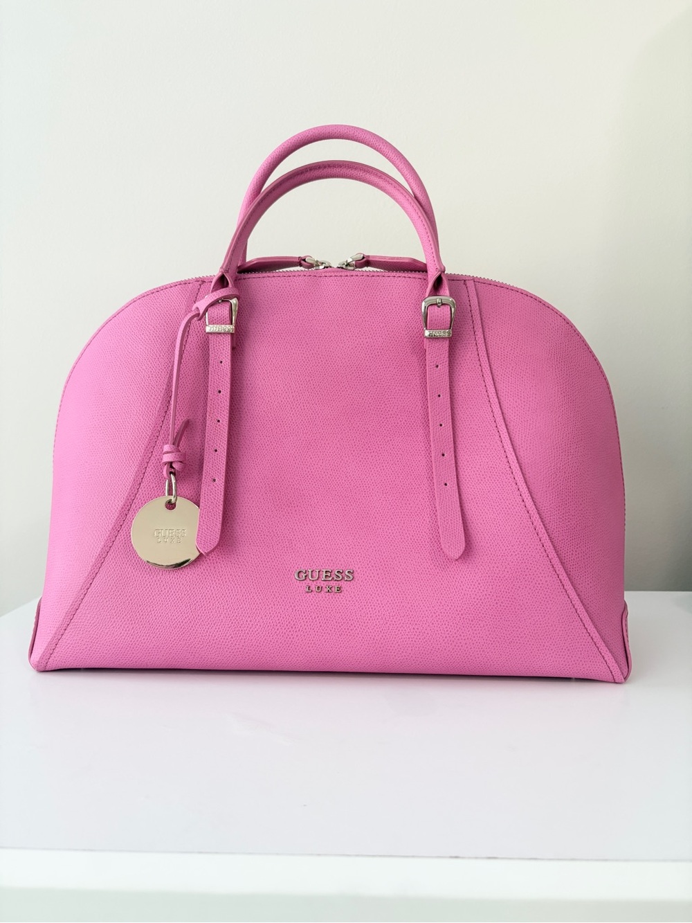 GUESS LUXE Hot Pink Genuine Leather Dome Satchel Large Bowling Bag NWOT